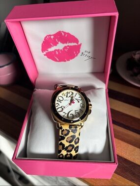 Betsey Johnson Gold-Tone Watch with Leopard Print Strap and Pink Details